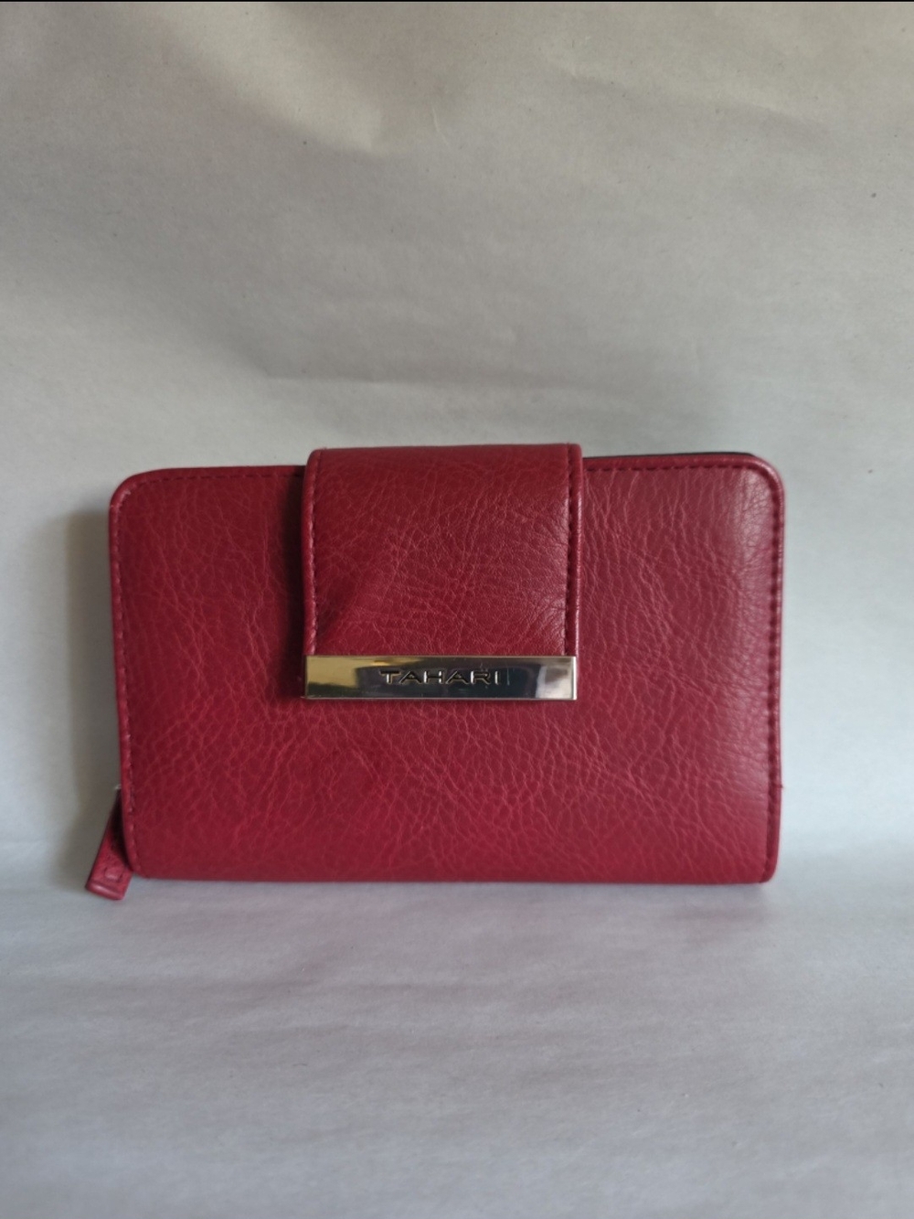 Tahari Red Leather Compact Wallet with Metal Logo Plate